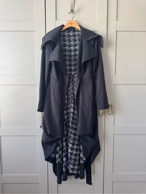 Ark & Co Black Long Asymmetric Belted Drape Coat with Houndstooth Lining